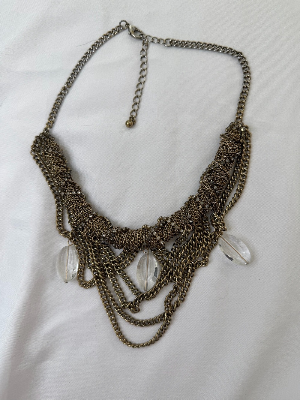Antique Gold Multi-Chain Necklace with Clear Crystal Drops